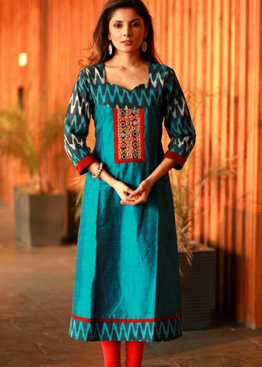 Firozi A-line cotton silk and Ikat combination kurta with Hand made Kutch mirror embroidery