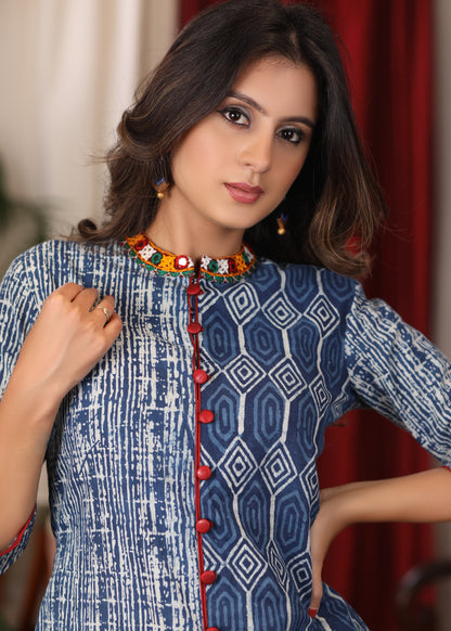 Indigo combination Top with mirror work collar