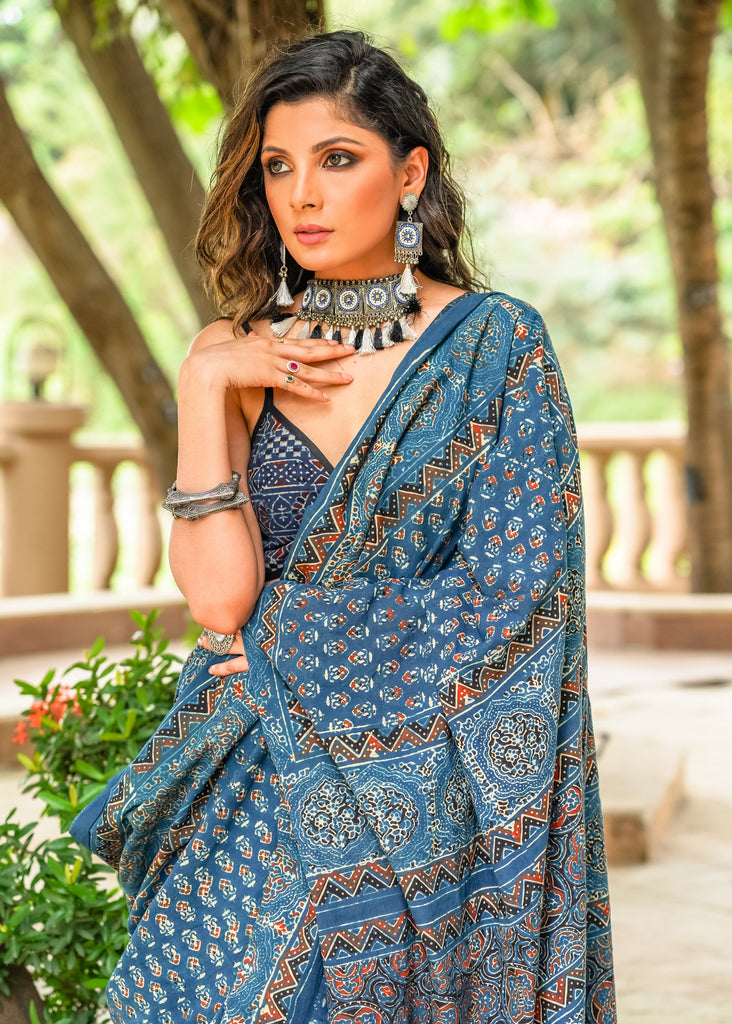 Beautiful blue cotton saree with block printed Ajrakh 