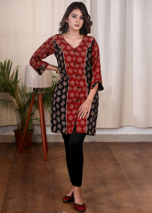 Exclusive Ajrakh combination maroon & black cotton tunic