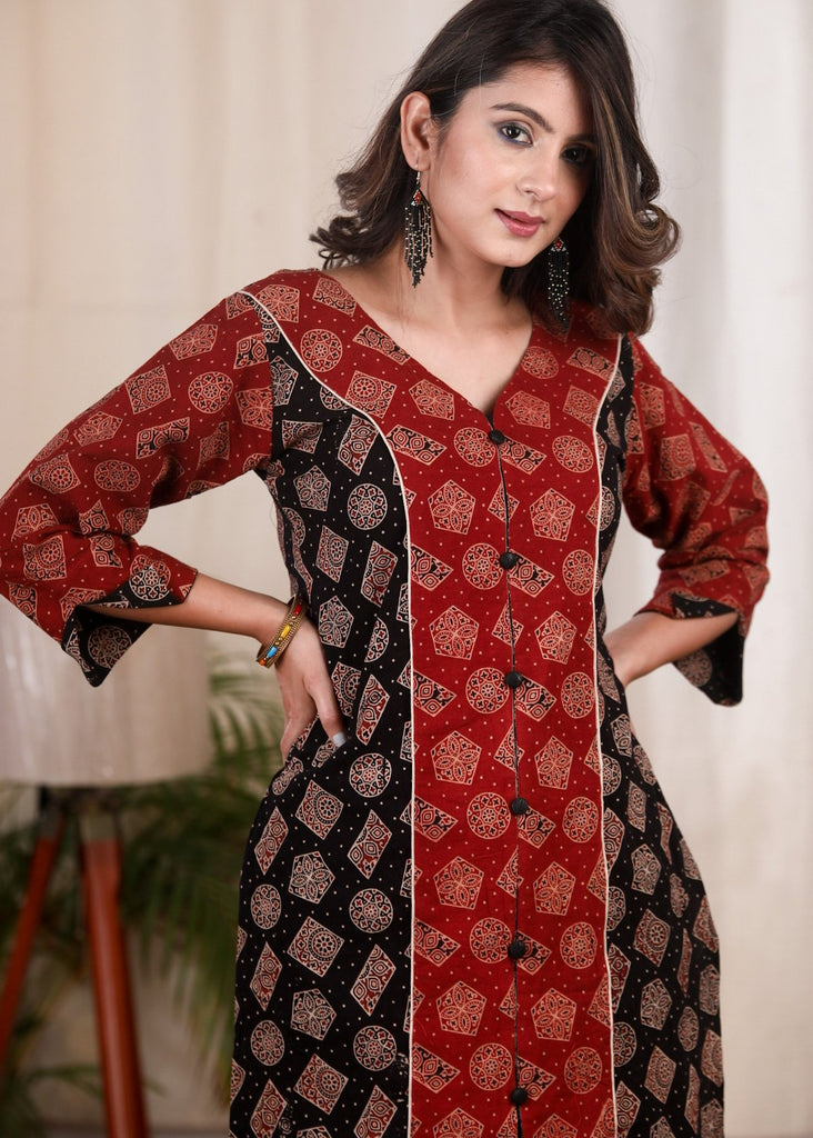 Exclusive Ajrakh combination maroon & black cotton tunic