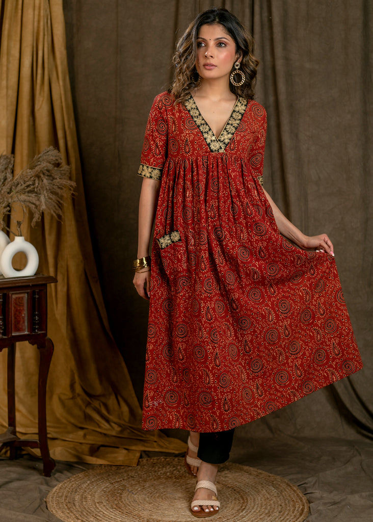 Beautiful Cotton Ajrakh A-Line Kurta / One Piece Dress with Contrast Embroidery On Neckline, Sleeves, and Side Pocket
