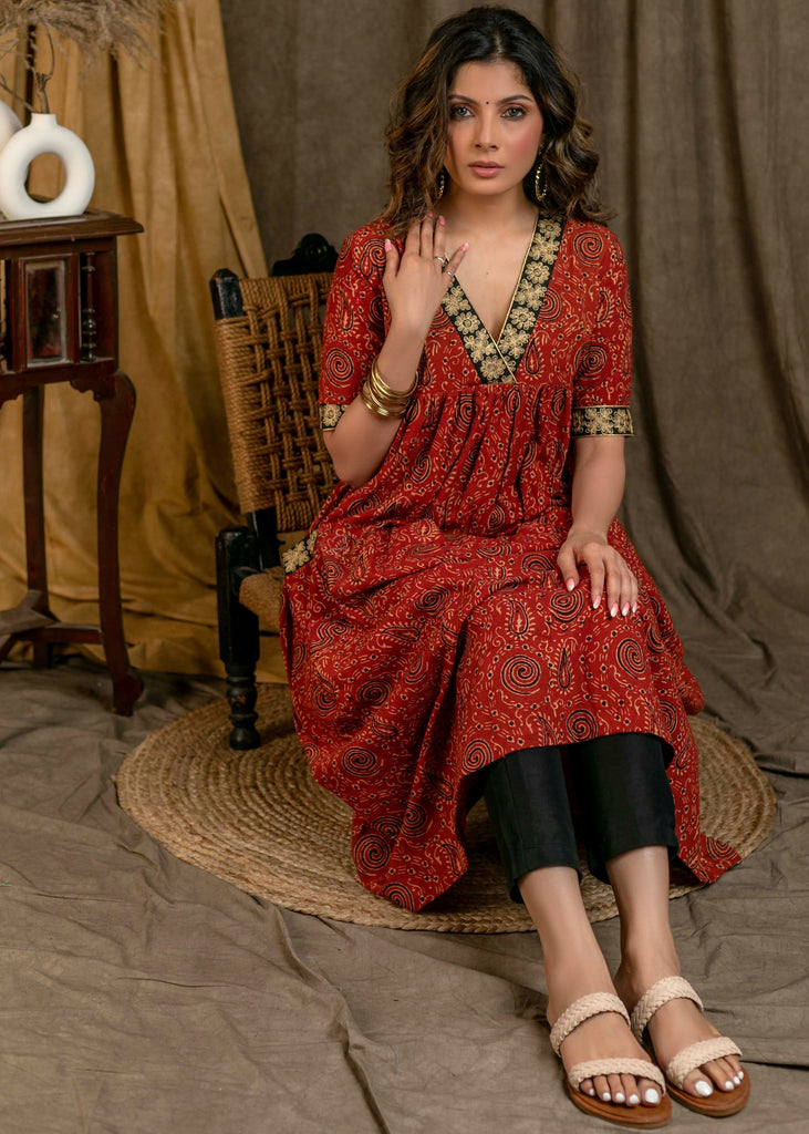 Beautiful Cotton Ajrakh A-Line Kurta / One Piece Dress with Contrast Embroidery On Neckline, Sleeves, and Side Pocket