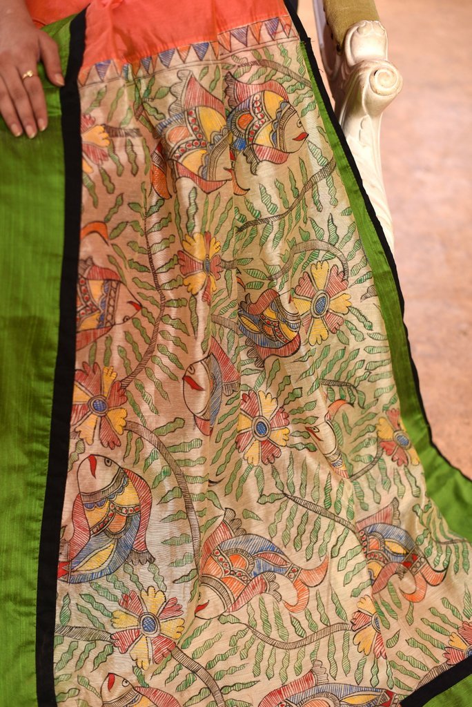 Peach chanderi saree with exclusive hand painted madhubani pallu & border - Sujatra
