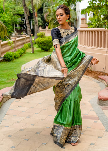 Beautiful green pure Ghicha silk handpainted madhubani saree