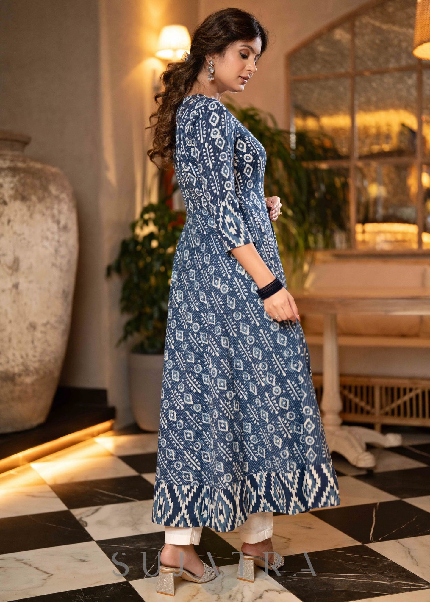 Elegant Indigo Combination Flared Kurta   - Pant Optional