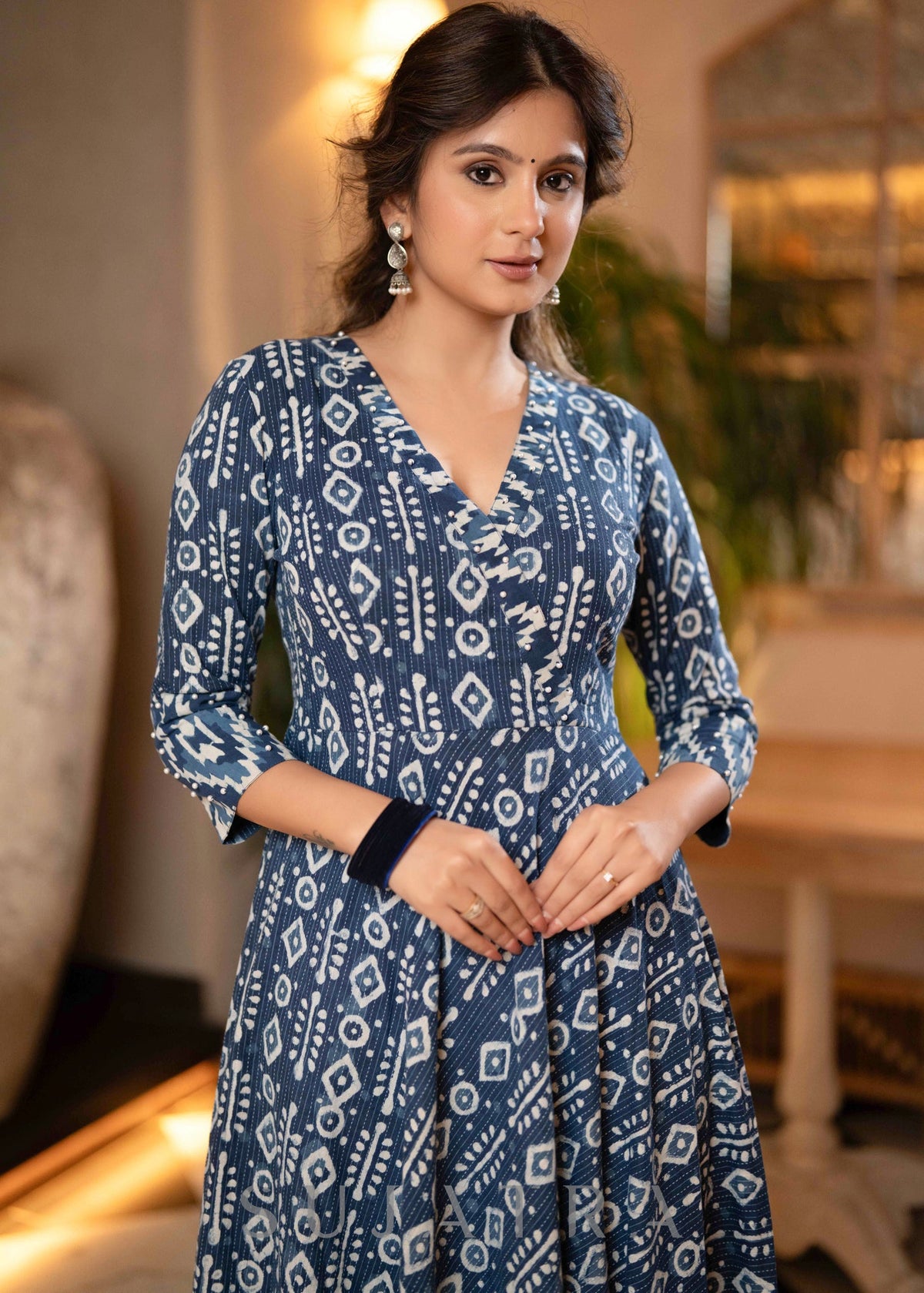Elegant Indigo Combination Flared Kurta - Pant Optional