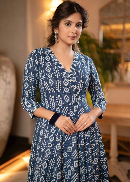 Elegant Indigo Combination Flared Kurta   - Pant Optional