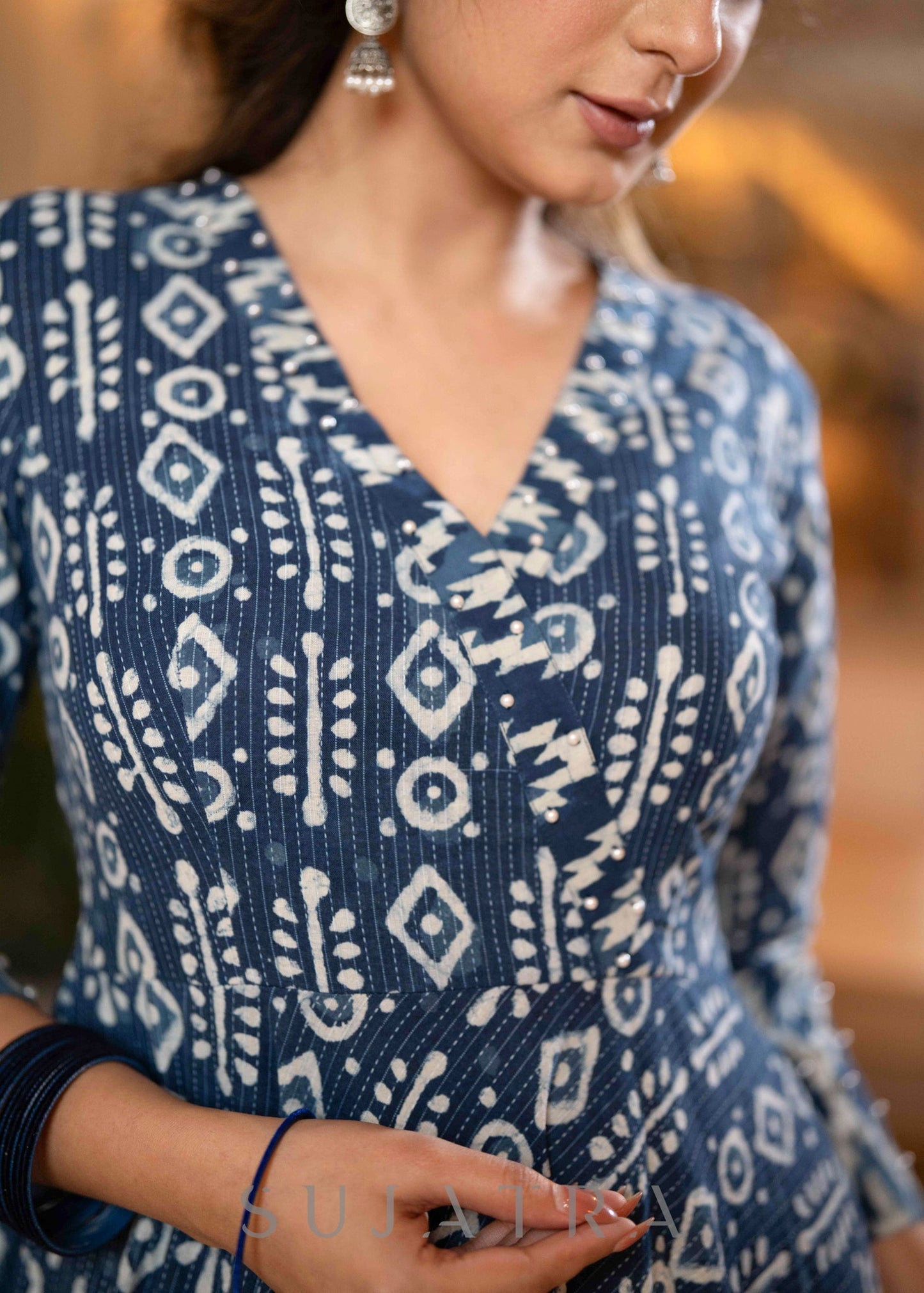 Elegant Indigo Combination Flared Kurta   - Pant Optional