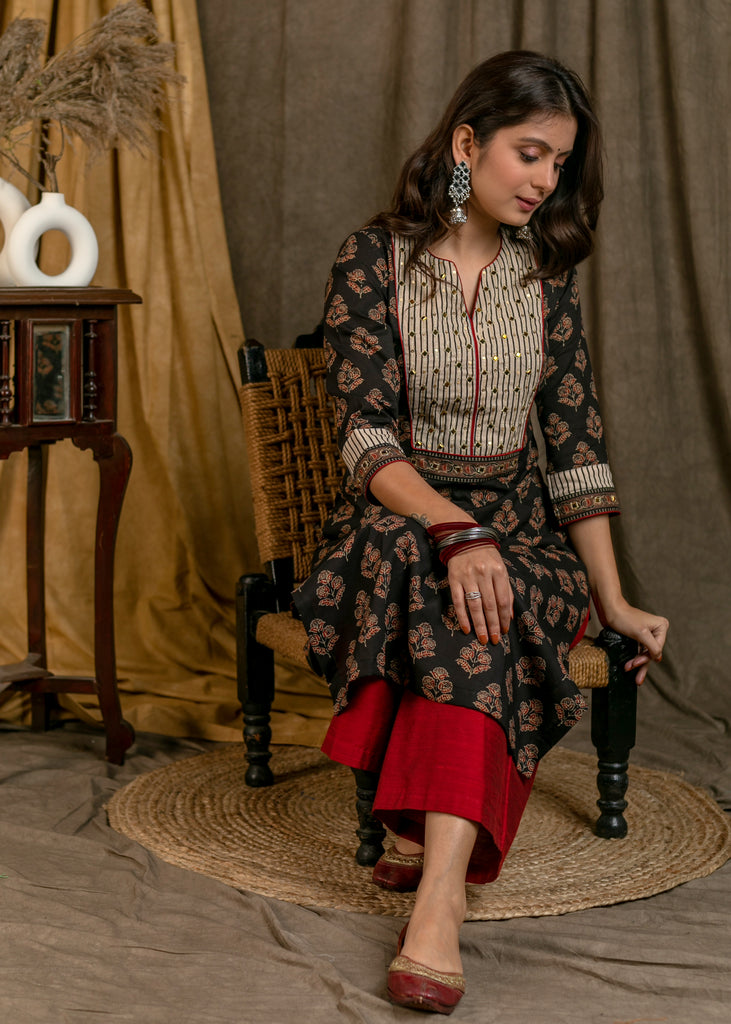 Elegant Cotton Ajrakh Combination Straight Cut Kurta with Beautiful Hand Embroidered Yoke and Sleeves - Pant Optional