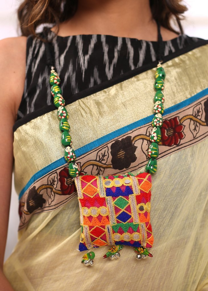 Handmade fabric embroidered pendant with wooden beads neck piece - Sujatra