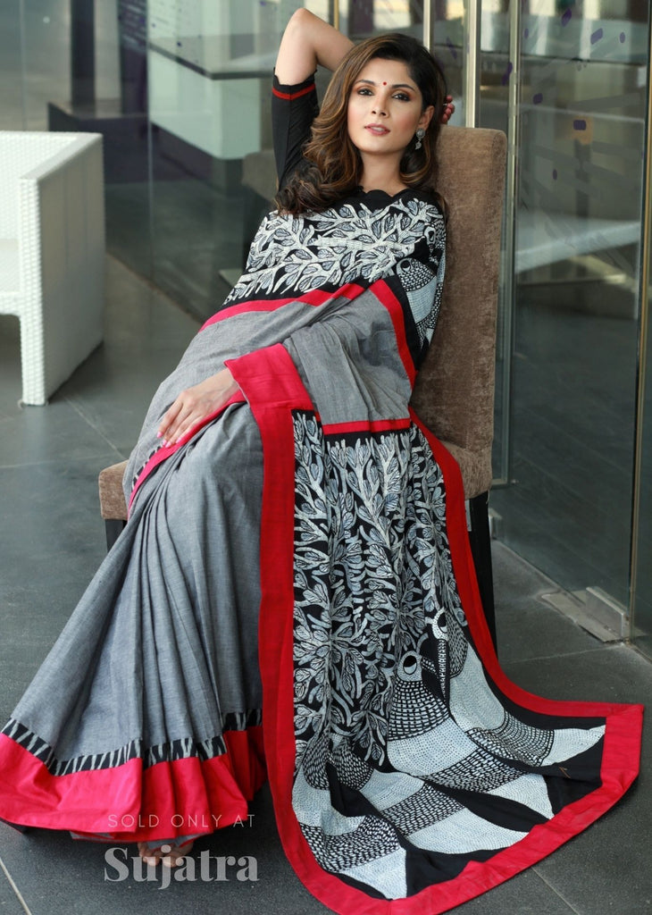 Exclusive hand painted tribal gond saree with grey handloom cotton combination
