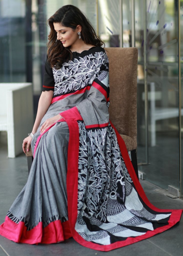 Exclusive hand painted tribal gond saree with grey handloom cotton combination