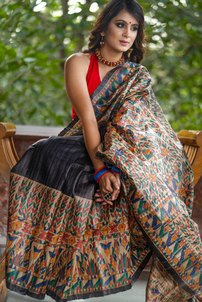 Exclusive black pure raw silk all over hand painted madhubani saree