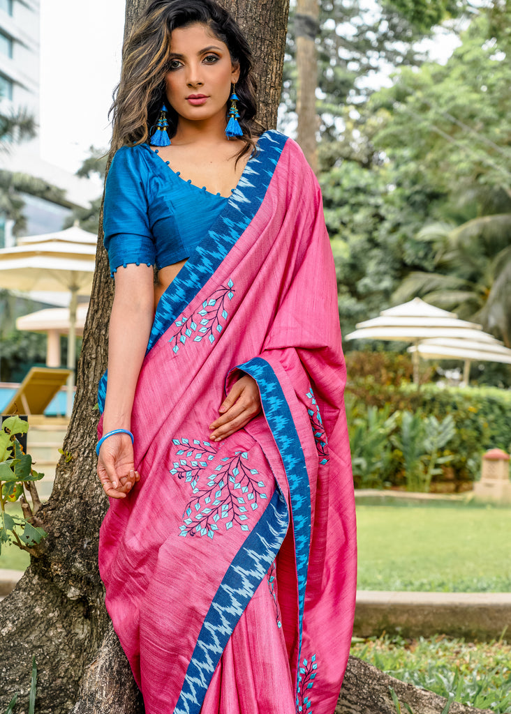 Delicate Embroidered pink cotton dupion saree with Ikat border