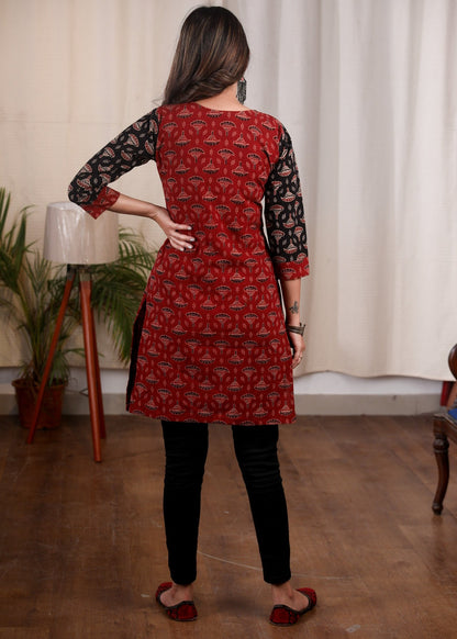 Maroon & black Ajrakh combination cotton tunic