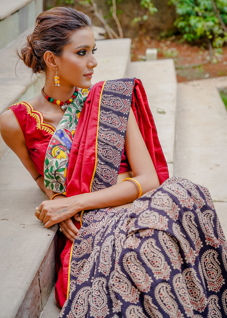 Cotton Ajrakh combination beautiful saree with intricate madhubani hand painted border