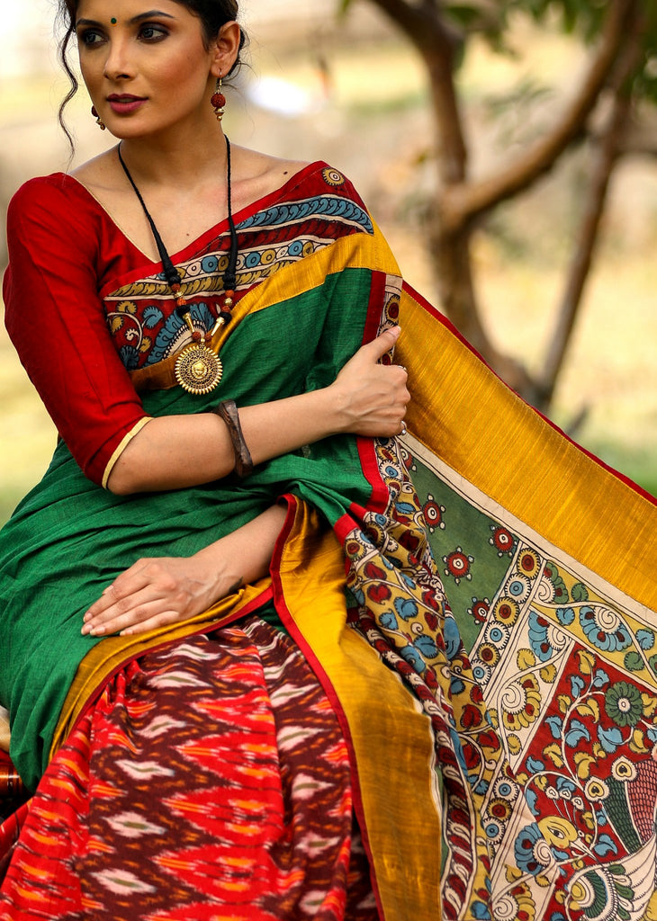 Exclusive handloom cotton saree with ikat pleats and hand painted kalamkari pallu