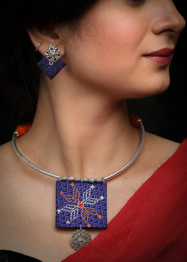Kantha embroidery purple pendant choker with matching earrings
