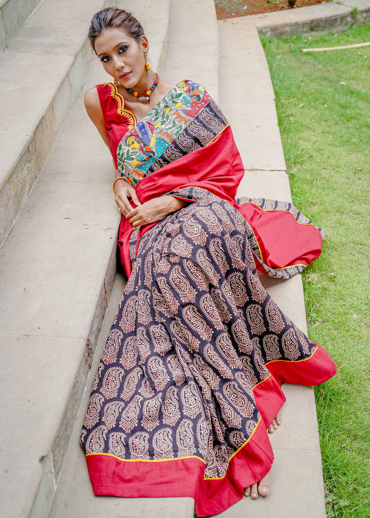 Cotton Ajrakh combination beautiful saree with intricate madhubani hand painted border