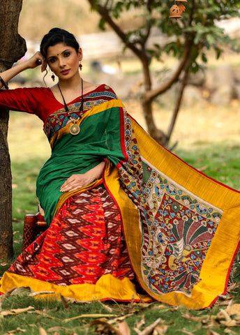 Exclusive handloom cotton saree with ikat pleats and hand painted kalamkari pallu