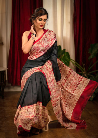 Black pure silk Bishnupuri saree with exclusive designer motifs