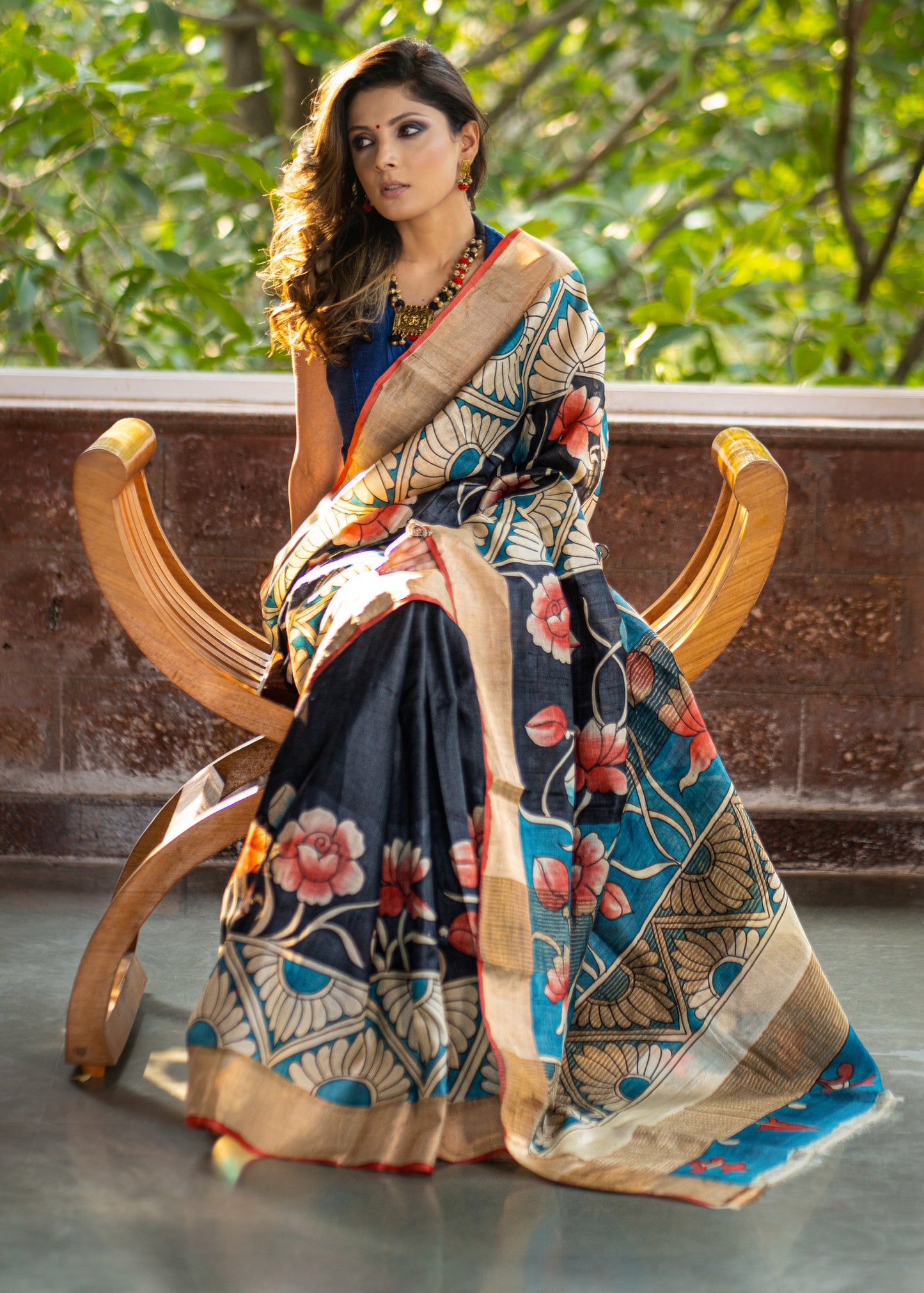 Exclusive Pure tassar silk black & blue combination kalamkari design saree