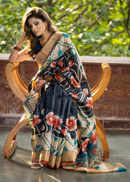 Exclusive Pure tassar silk black & blue combination kalamkari design saree