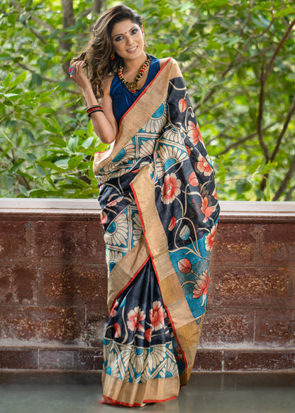 Exclusive Pure tassar silk black & blue combination kalamkari design saree