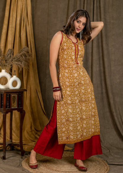Classy Mustard Printed Cotton Kurta with Front Placket - Pant Optional