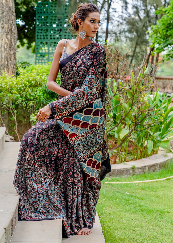 Pure modal silk block printed black designer Ajrakh saree