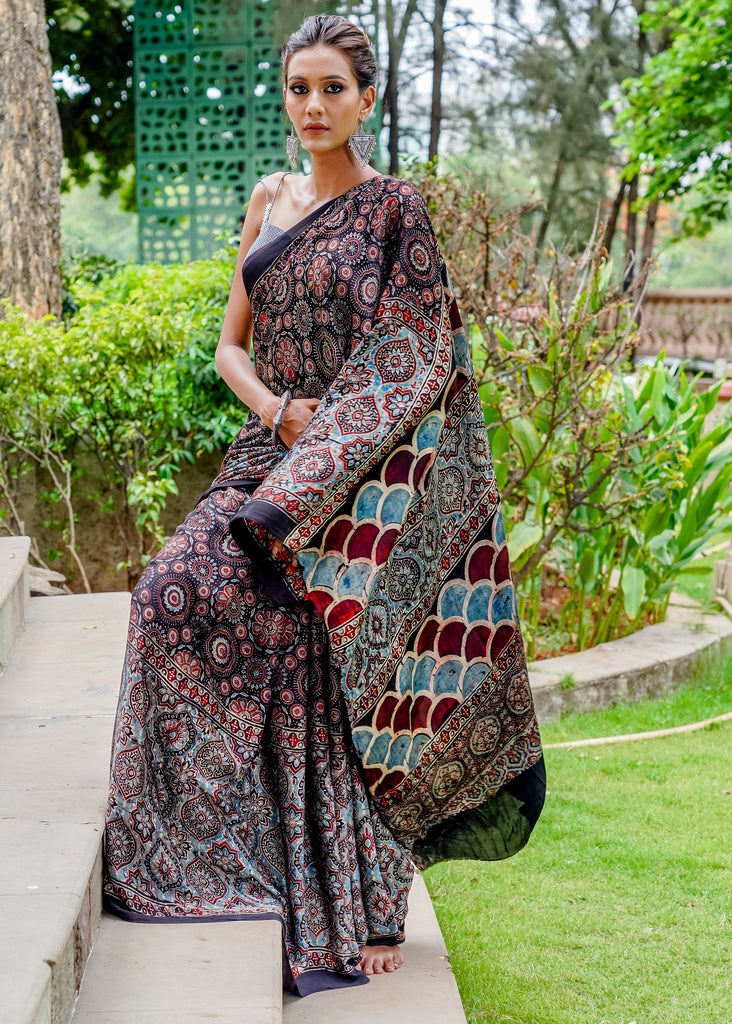 Pure modal silk block printed black designer Ajrakh saree