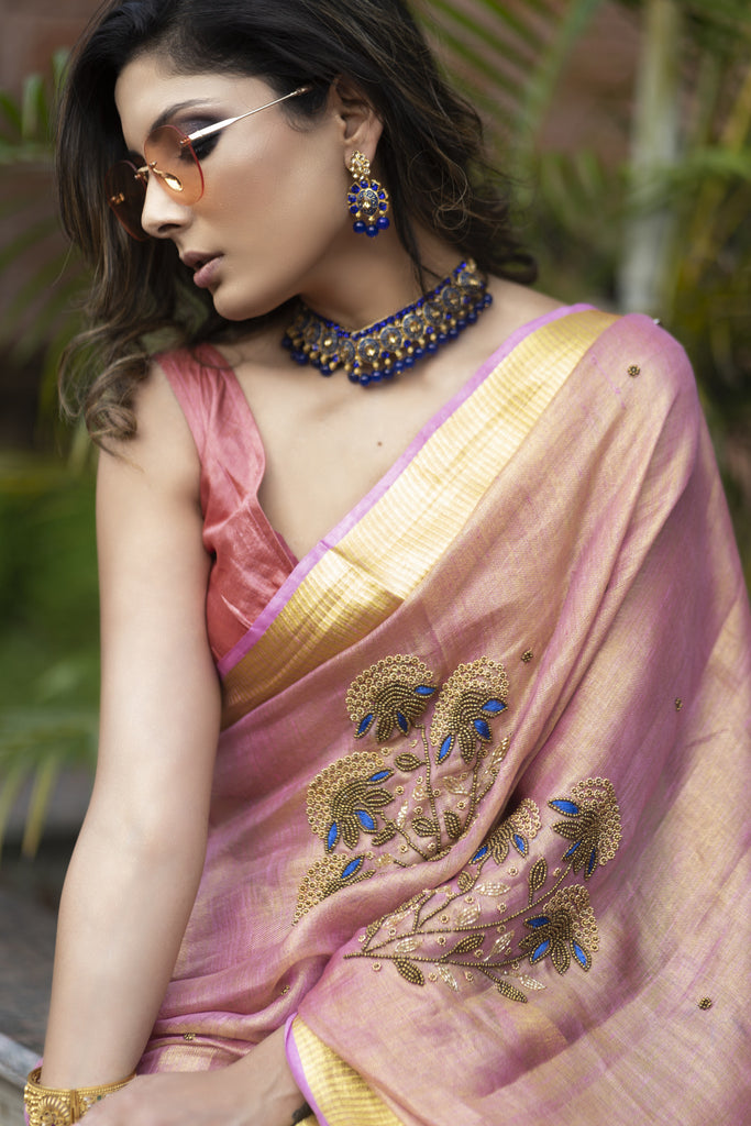 Exclusive pink pure linen saree with hand embroidery