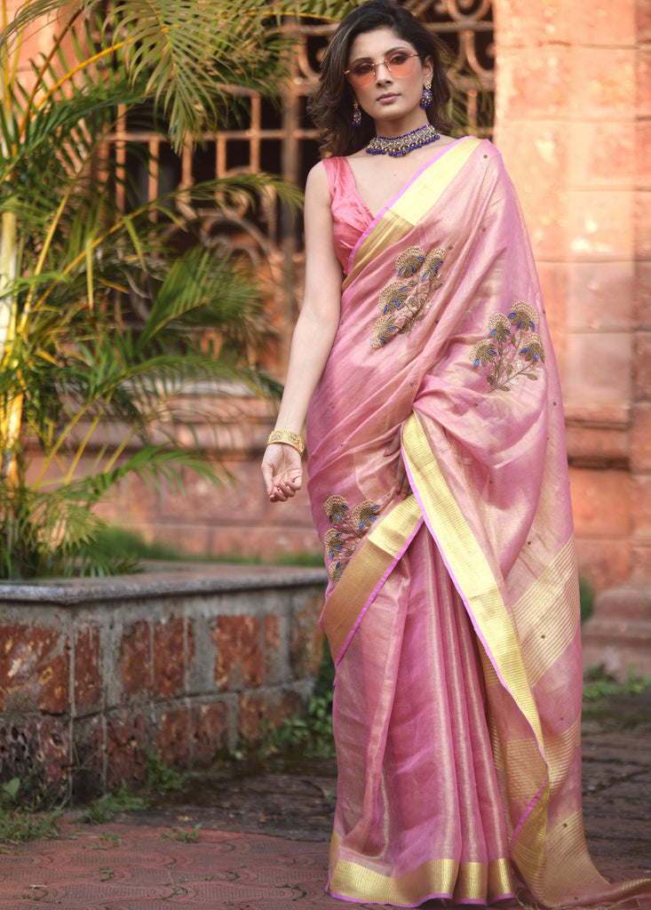 Exclusive pink pure linen saree with hand embroidery
