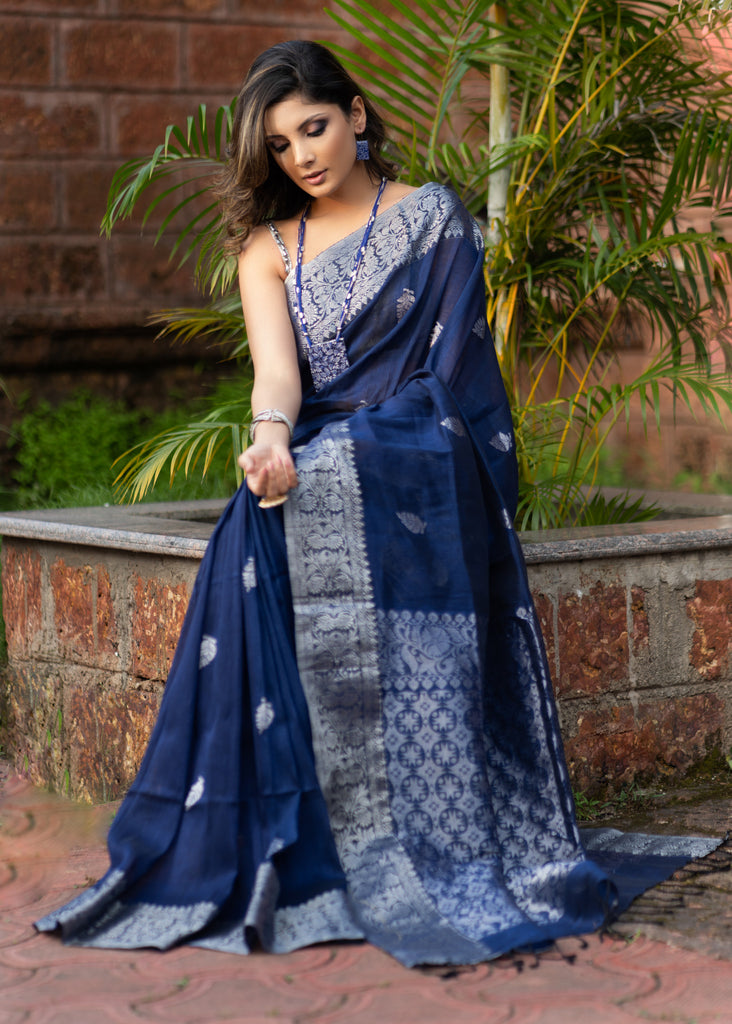 Exclusive Royal blue linen Jamdani work saree