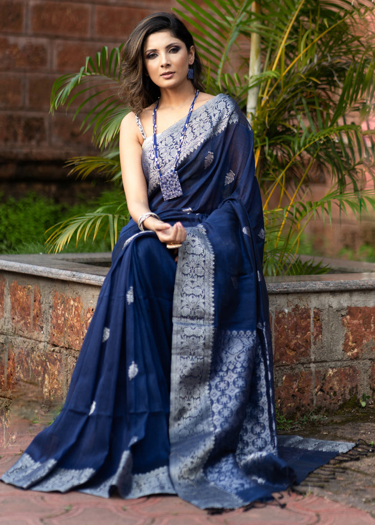 Exclusive Royal blue linen Jamdani work saree