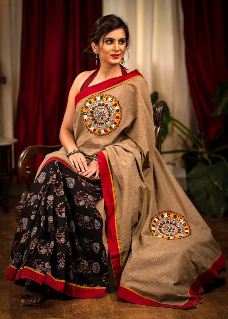 Exclusive handloom cotton saree with kutch mirror work embroidery and Ajrakh block printed pleats