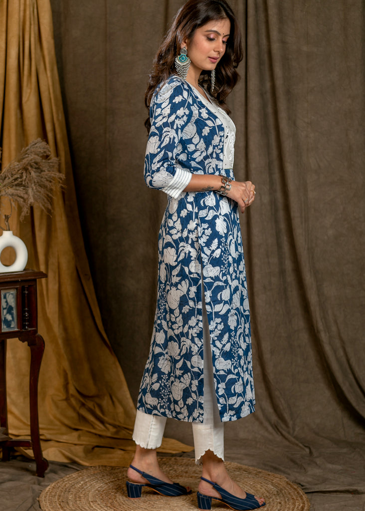 Smart & Stylish Cotton Blue Printed Straight cut Kurta with Beautiful Swan Hand Embroidered Yoke - Pant Optional
