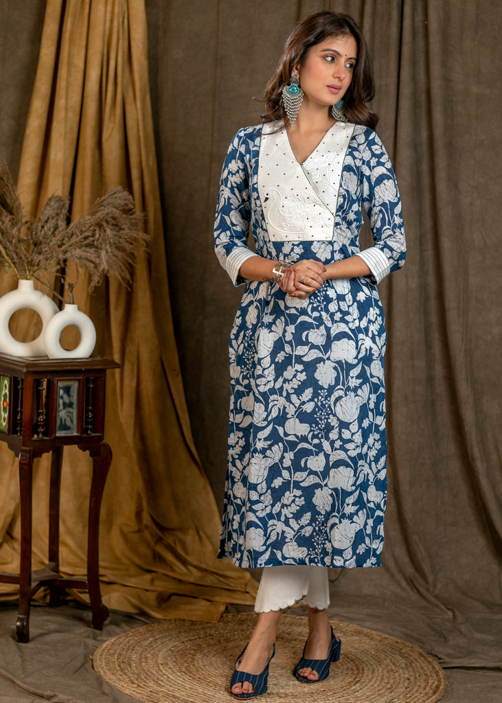 Smart & Stylish Cotton Blue Printed Straight cut Kurta with Beautiful Swan Hand Embroidered Yoke - Pant Optional