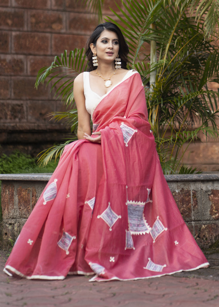 Pink chanderi saree with ikat applique work