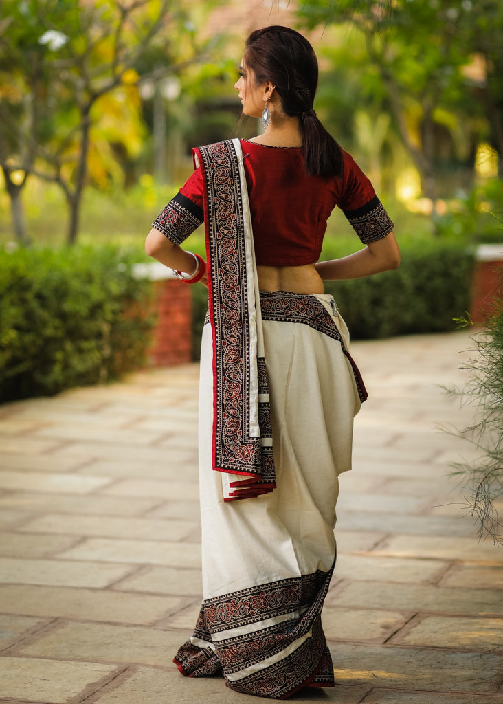 Off white flex cotton saree with Ajrakh combination