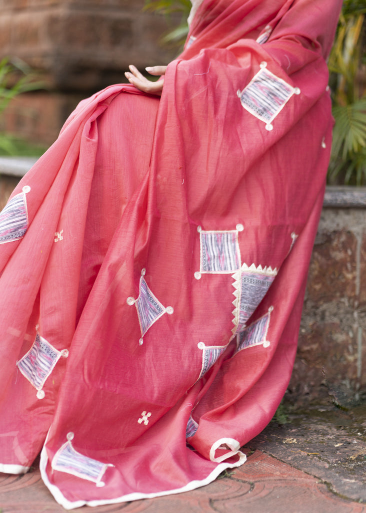 Pink chanderi saree with ikat applique work