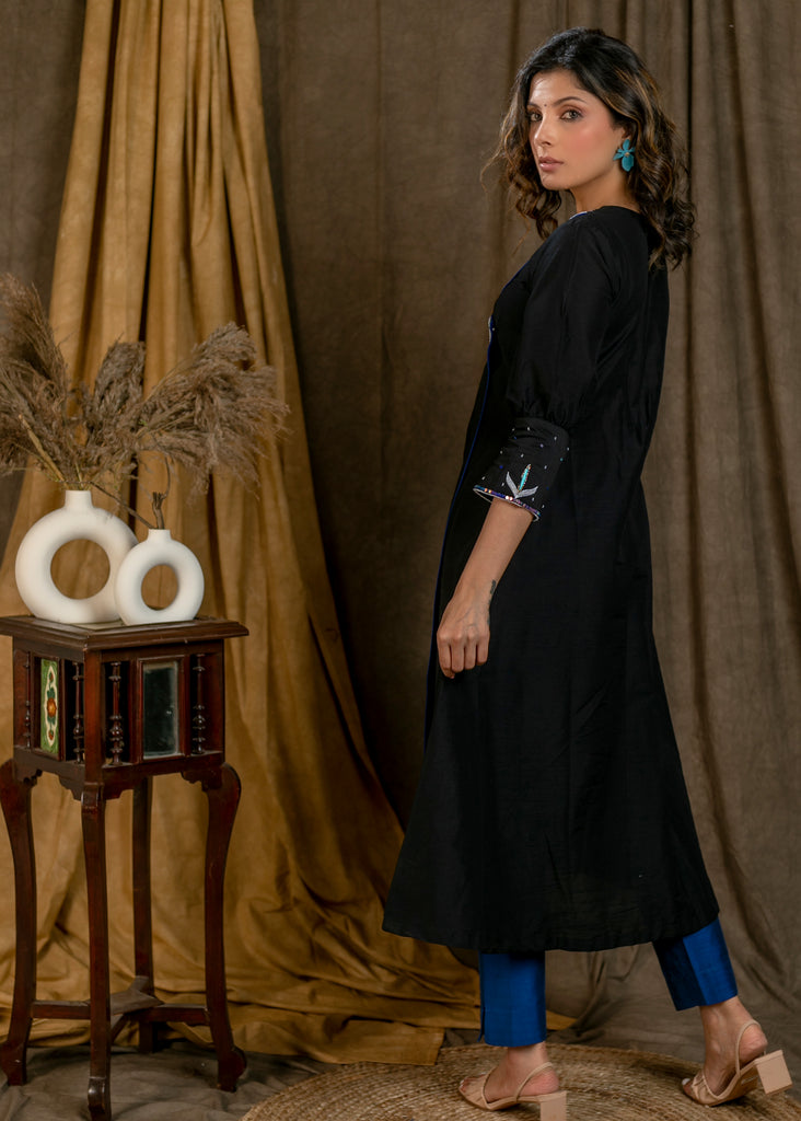 Exclusive Black Cotton Silk Kurta with Classy Hand Embroidery On Neckline and Sleeves and Designer Sleeves - Pant Optional