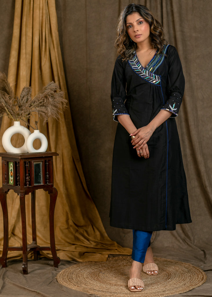 Exclusive Black Cotton Silk Kurta with Classy Hand Embroidery On Neckline and Sleeves and Designer Sleeves - Pant Optional