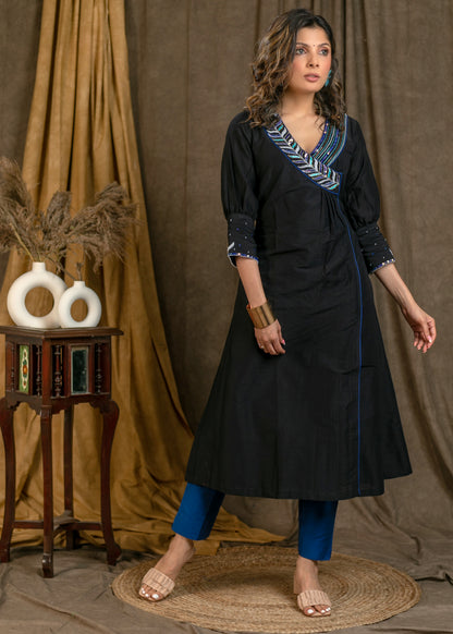 Exclusive Black Cotton Silk Kurta with Classy Hand Embroidery On Neckline and Sleeves and Designer Sleeves - Pant Optional
