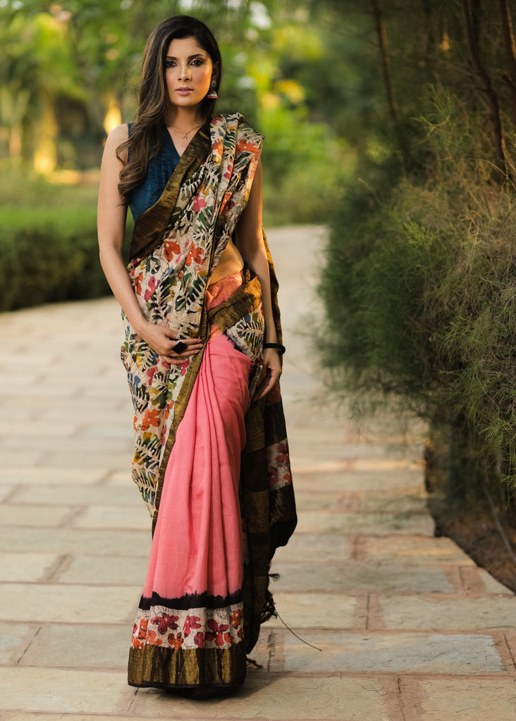 Exclusive pink matka silk hand batik designer saree