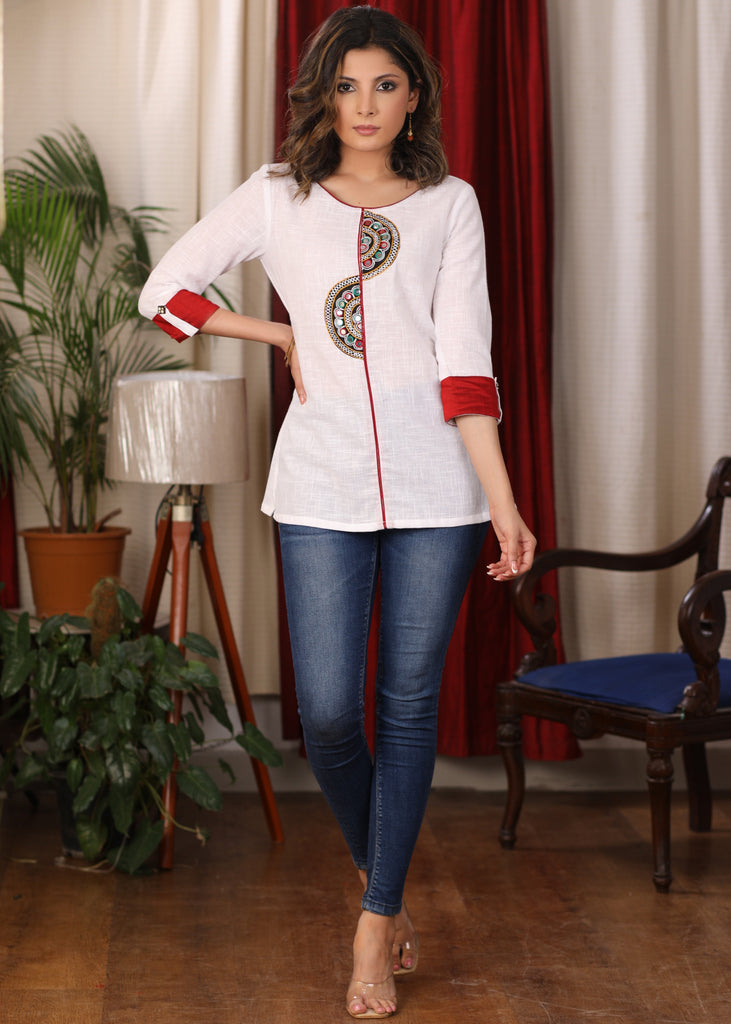 Cotton White Top with beautiful mirror work