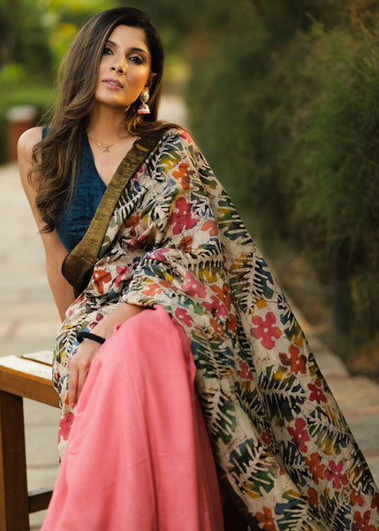 Exclusive pink matka silk hand batik designer saree