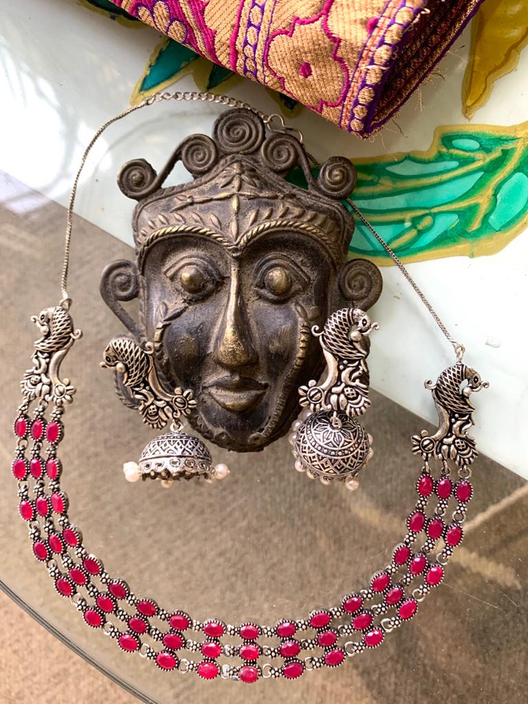 Exclusive triple layer oxidized maroon necklace set