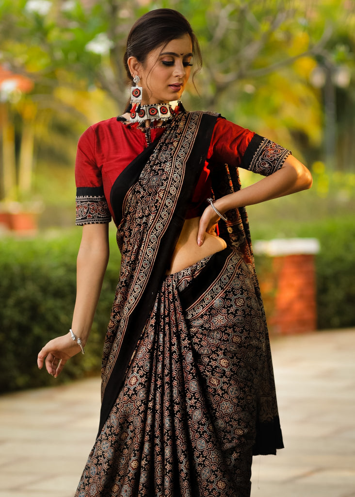 Pure black modal silk Ajrakh block printed designer saree – Sujatra